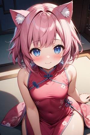 master piece, best quality, highly detailed, ultra detailed, extremely CG unity 8k wallpaper,1 girl, pink Chinese dresses, side slit dress,cute, kawaii,14 years old,innocent smile, jewelry pink, cat ears, pink hair, short hair,