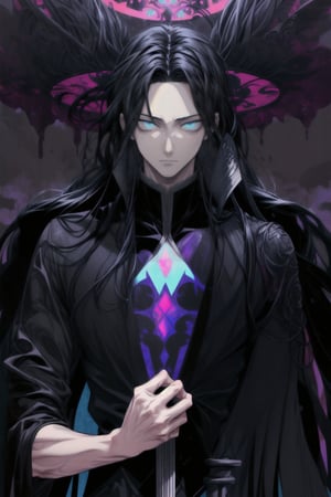 , 1.80 meters tall, with long black hair and blue eyes with a pink mist around him.
Illumi Zoldyck from the anime Hunter is most often expressionless. He has very long, jet-black hair, with a piece of hair not put back, usually combed behind his head as well as large, black, pupil-less eyes. He wears a black suit