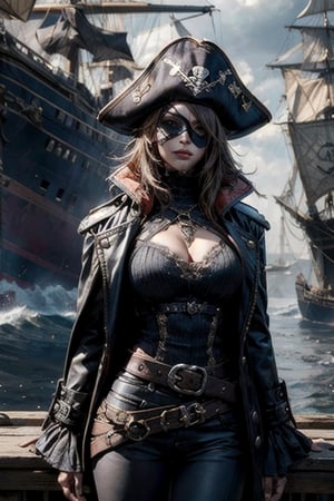 A beautiful female pirate captain, dark pirate coat, leather belt, eye patch, a parrot is on her shoulder, on pirate ship, gloomy, serious, mysterious, intricate, masterpiece, 8k