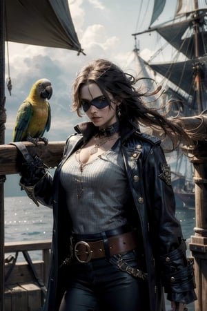A beautiful female pirate captain, dark pirate coat, leather belt, eye patch, a parrot is on her shoulder, on pirate ship, gloomy, serious, mysterious, intricate, masterpiece, 8k
