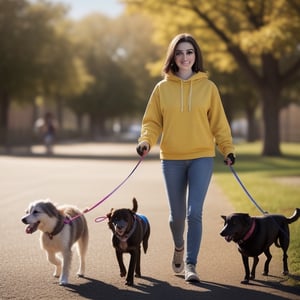 A 24-year-old American brunette woman with colorful eyes is walking her dogs,photorealistic