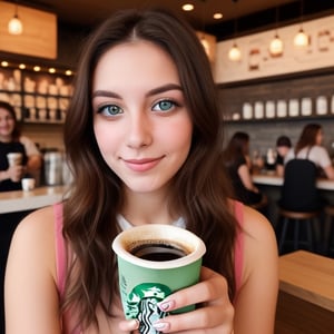 A 24-year-old American brunette woman with colorful eyes is drinking coffee with her friends at Starbucks