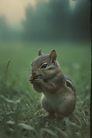a chipmunk sittong on a grass field shoving a nut into his cheek during daybreak.