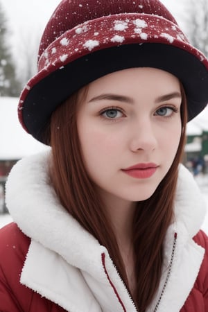 photograph of a cute pretty 18yo girl, busty, ((very long, , redhair)), ((fair), (blue eyes) skin, blush, innocent, snowfall, winter coat with a ski hat, detailed skin, detailed eyes, red lips, close up,Porta 160 color, shot on ARRI ALEXA 65, bokeh, sharp focus on subject, sfw
