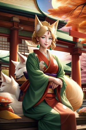 Realistic. High fantasy. Fox woman. Beautiful Japanese face, smiling. Regal pose. Emerald green eyes. Blond-white fur. Red-green-gold silk kimono. Necklace, Earrings. Cherry blossoms. Alphonse Mucha style. Japanese temple. Autumn. Afternoon. Quarter moon