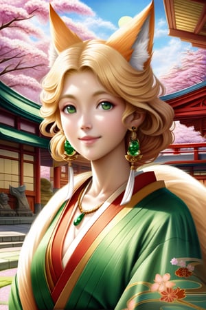 Realistic. High fantasy. Fox woman. Beautiful Japanese face, smiling. Regal pose. Emerald green eyes. Blond-white fur. Red-green-gold silk kimono. Necklace, Earrings. Cherry blossoms. Alphonse Mucha style. Japanese temple. Spring. Afternoon. Quarter moon