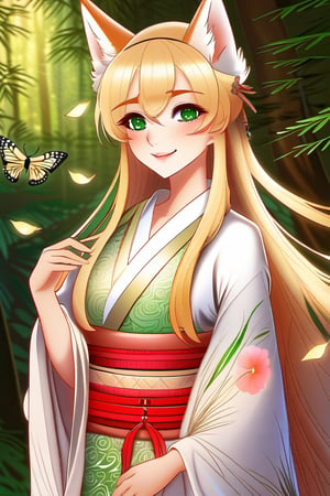 Prompt: Masterpiece, realistic, beautiful details, perfect focus, uniform 8K wallpaper, high resolution, exquisite texture in every detail, green eyes, 1 girl, beautiful fox woman, looking at viewer, 24 yo, over sized eyes, big eyes, clear shining deep eyes, smiling, happy, open mouth, realistic blond-gold hair, break The look of a forest hunter, beautiful Japanese idol, kimono with elf embroidery, Tunics and leggings with nature motifs, Lace-up leather bracer and knee-high boots, Leaf pendant, fingerless gloves, break pastel, perfect light, watercolor, masterpiece