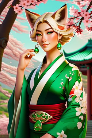 Realistic. High fantasy. Fox woman. Beautiful Japanese face, smiling. Regal pose. Emerald green eyes. Blond-white fur. Red-green-gold silk kimono. Necklace, Earrings. Cherry blossoms. Alphonse Mucha style. Japanese temple. Spring. Afternoon. Quarter moon