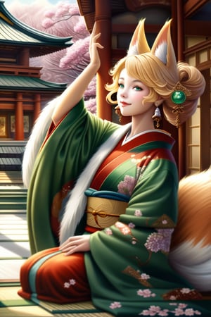Realistic. High fantasy. Fox woman. Beautiful Japanese face, smiling. Regal pose. Emerald green eyes. Blond-white fur. Red-green-gold silk kimono. Necklace, Earrings. Cherry blossoms. Alphonse Mucha style. Japanese temple. Winter. Afternoon. Quarter moon