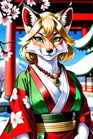 Realistic. High fantasy. Fox woman. Beautiful Japanese face, smiling. Regal pose. Emerald green eyes. Blond-white fur. Red-green-gold silk kimono. Necklace, Earrings. Cherry blossoms. Alphonse Mucha style. Japanese temple. Winter. Afternoon. Quarter moon