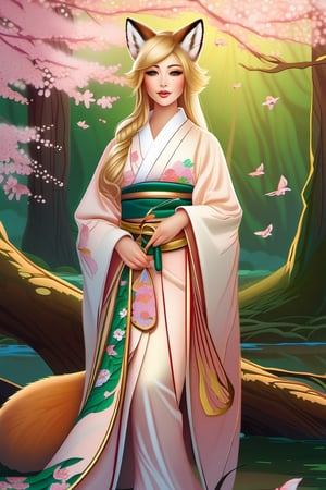 Prompt: Masterpiece, realistic, beautiful details, perfect focus, uniform 8K wallpaper, high resolution, exquisite texture in every detail, green eyes, 1 girl, beautiful fox woman, looking at viewer, 24 yo, over sized eyes, big eyes, clear shining deep eyes, smiling, happy, open mouth, realistic blond-gold hair, break The look of a forest hunter, beautiful Japanese idol, kimono with cherry blossom embroidery, Tunics and leggings with nature motifs, Lace-up leather bracer and knee-high boots, Leaf pendant, fingerless gloves, break pastel, perfect light, watercolor, masterpiece