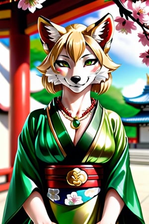 Realistic. High fantasy. Fox woman. Beautiful Japanese face, smiling. Regal pose. Emerald green eyes. Blond-white fur. Red-green-gold silk kimono. Necklace, Earrings. Cherry blossoms. Alphonse Mucha style. Japanese temple. Summer. Afternoon. Quarter moon