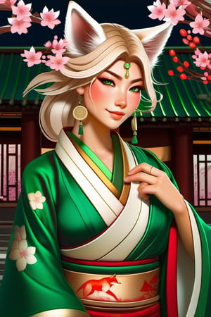 Realistic. High fantasy. Fox woman. Beautiful Japanese face, smiling. Emerald green eyes. Blond-white fur. Red-green-gold silk kimono. Necklace, Earrings. Cherry blossoms. Alphonse Mucha style. Japanese temple. Autumn. Afternoon. Quarter moon