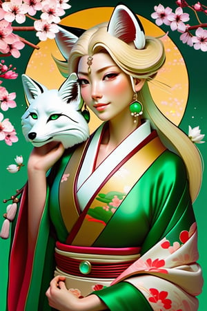 Realistic. High fantasy. Fox woman. Beautiful Japanese face, smiling. Regal pose. Emerald green eyes. Blond-white fur. Red-green-gold silk kimono. Necklace, Earrings. Cherry blossoms. Alphonse Mucha style. Japanese temple. Summer. Afternoon. Quarter moon