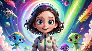 In the vast expanse of interstellar space, stars dot the entire scene, with a massive rainbow-colored nebula in the distance, radiating brilliant light. In the center of the picture is a spaceship, shining brightly. Surrounding the spaceship are three alien friends and a human girl, their faces beaming with joy and friendship. The aliens have unique appearances: one has long tentacles, another has glowing eyes, and the third is adorned with colorful feathers. The human girl is wearing a spacesuit, her bright eyes filled with curiosity and excitement.