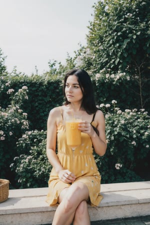 hyper realistic super high quality beautiful girl perfect beauty with veiny hands sitting in a garden wearing yellow coloured sundress drinking orange juice with a straw