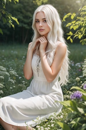 1girl with long white hair sitting in a field of green plants and flowers, her hand under her chin, warm lighting, white dress, blurry foreground, photorealistic, full image, full body,