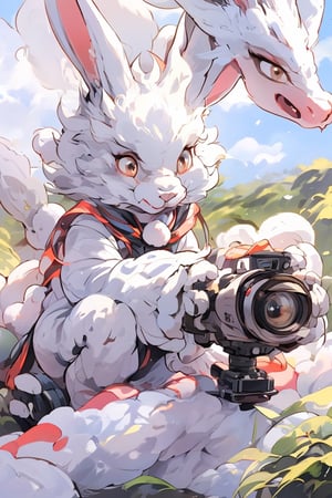 A fluffy white rabbit with two upright ears, jumping and playing on a grassy mountain slope, a hiker in athletic gear crouching down with a camera to photograph the adorable creature, the rabbit looking towards the camera with big round eyes, afternoon sunlight casting soft shadows, realistic render