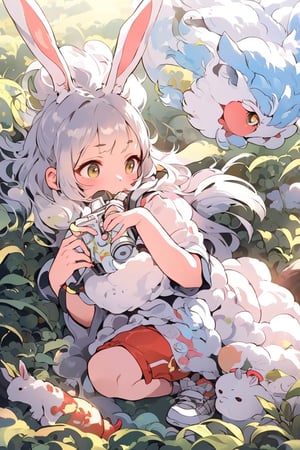 A fluffy white rabbit with two upright ears, jumping and playing on a grassy mountain slope, a hiker in athletic gear crouching down with a camera to photograph the adorable creature, theA cute girl with fuzzy white rabbit ears kneeling on a grassy mountain slope, her long hair flowing, next to a fluffy white rabbit jumping in the grass, their ears mirroring each other, a hiker in athletic gear crouching to photograph this whimsical scene of the rabbit-eared girl and rabbit together, warm evening sunlight casting soft shadows, fantasy realism style rabbit looking towA cute girl with fuzzy white rabbit ears kneeling on a grassy mountain slope, her long hair flowing, next to a fluffy white rabbit jumping in the grass, their ears mirroring each other, a hiker in athletic gear crouching to photograph this whimsical scene of the rabbit-eared girl and rabbit together, warm evening sunlight casting soft shadows, fantasy realism styleards the camera with big round eyes, afternoon sunlight casting soft shadows, realistic render