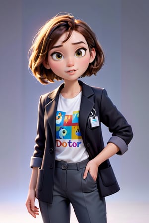 A whimsical Disney-Pixar inspired portrait of a girl with choppy bob hair style     Her skin is radiant and shiny, illuminated by soft lighting.  background grey , creating a vibrant and detailed image that pops with high-resolution clarity.black formal coat and pant, white t-shirt without logo ,high heels, looks like professional doctor ,standing,disney pixar style
