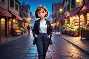 A whimsical Disney-Pixar inspired portrait of a girl with choppy bob hair style     Her skin is radiant and shiny, illuminated by soft lighting.   , creating a vibrant and detailed image that pops with high-resolution clarity.black formal coat and pant, white t-shirt without logo ,high heels, looks like professional doctor ,standing in a middle of a village street in mid night, lights are deem , vegetable shop, peoples walking in the streets  ,disney pixar style, 