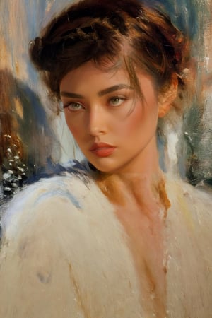 ((sorrow, sad expression)), (painted in warm color only),  (masterpiece),(1 female, black hair,closed mouth) ,looking at nowhere, dim light, muted color, (ultra detailed background of a completely snowy white), harmonious composition, epic art work, extremely long shot, A traditional european art,(hairdress)