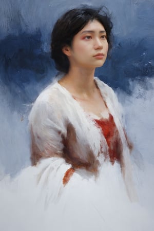((sorrow, sad expression)), (painted in warm color only),  (masterpiece),(1 female, black hair,closed mouth) ,looking at nowhere, dim light, muted color, (ultra detailed background of a completely snowy white), harmonious composition, epic art work, extremely long shot, A traditional european art