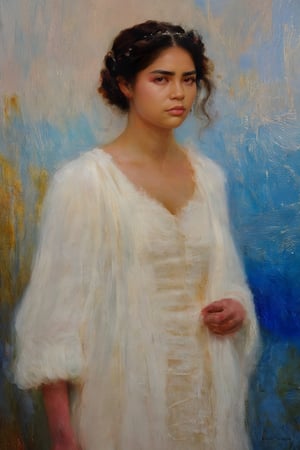 ((sorrow, sad expression)), (painted in warm color only),  (masterpiece),(1 female, black hair,closed mouth) ,looking at nowhere, dim light, muted color, (ultra detailed background of a completely snowy white), harmonious composition, epic art work, extremely long shot, A traditional european art,(hairdress)