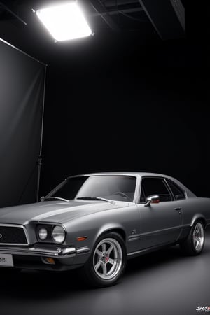 Ultra realistic, masterpiece, hd, complex_background, oldtimer , slate gray, crager rims, tinted windows,  photo shoot, studio lighting, ,photorealistic