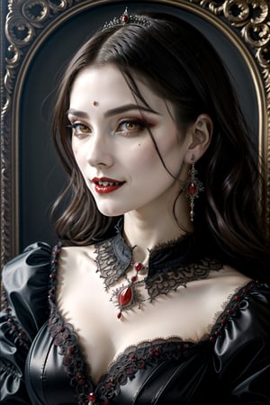 gothic beautiful woman, vampire, evil smile, red eyes, red lips, detailed, intricate, ornate design, ornate frame, painting, caravaggio, dark fantasy, pale skin