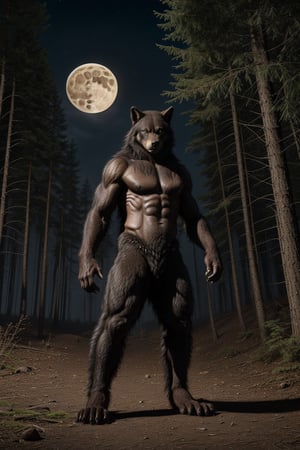 werewolf, gothic, dark forest, full moon, claws, aggressive, earth, detailed, high resolution, extra details, realistic, horror, violent, dark fantasy, full body