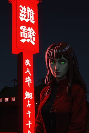 (cyberpunk anime female woman wallpaper art in cgi style), badass concept character of mafia woman, wavy red long hair, green eyes, frackles face, strong body, definited body, female strong shape, (((masterpiece, uhd, hdr, post-processing, depht-of-field, vivid colors, neon lights, bloomy lighting, godrays lighting, high-contrast, contrast between shadows and light))), mafia women, it's a mature natural beauty, lo-fi atmosphere, chinese abandoned church village, neo-japan. The atmosphere of the Chinese village is reflected in the details of the pagoda roofs and hanging lanterns that decorate the cityscape.
,incredibly absurdres,1 girl,perfect light,sakimichan,3D,DonMn1ghtm4reXL,more detail XL,cyborg