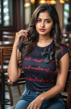 23 year old indian girl, ralistic, cute face, curve attractive figure, long and black hair, black eye, bow shape lips, wear t-shirt and jeanse, siting on chair in restaurent, super model, people enjyoing in backgroung.