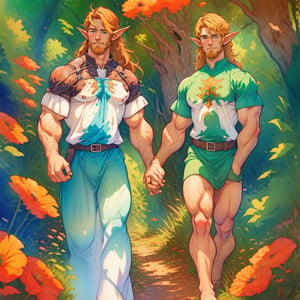 two men elf characters of the same height, two male, 1man and 1man are hold hands each other, one man has dark brown long hair, the other man character has short blond hair, blue eyes, elf clothes, mature, handsome, muscule, mature, muscular, beefy, masculine, charming, alluring,  affectionate eyes, lookat viewer, (perfect anatomy), perfect proportions, best quality, masterpiece, high_resolution, dutch angle, cowboy shot, forest background, watercolor, LINEART,tshee00d