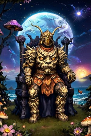 1high\(wearing full madness armor and helmet with horns, lovecraftian humanoid cosmic entity\) sitting on this throne and staring at you background(night stars, outdoor, sky, ocean, flowers, trees, mushrooms, butterflies),