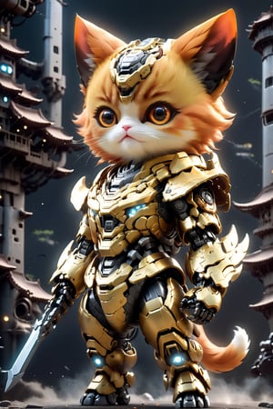 Angry orange cat Inu robo mecha warrior character, anthropomorphic figure, wearing futuristic slive warrior armor and weapon, reflection mapping, realistic figure, highly detailed, cinematic lighting photography, 32k uhd with golden scepter, RGB lighting on suit, 

By: panchovilla,mecha, 1 cute little girl
