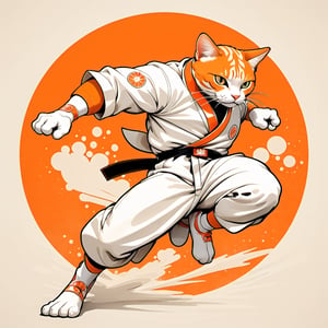 Vintage t-shirt print design (on white background: 1.2), Retro Silhouette image, Orange Cat wearing white karate outfit complete with single black belt, on black background pop art ink color, smooth, filigram, centered, intricate details, high resolution, 4k, illustration style, Leonardo Style, circle background with Japanese art, flying, action shot