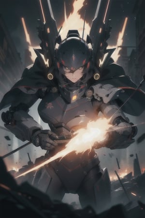 a female archer in a battlefield, beautiful, detailed face, futuristic style, dark cloak with neon light line, sleeveless mecha armor vest, arnored mecha suit, long bow, chaos burning battlefield, night, intricate, sharp image, cinematic,  masterpiece, 8k