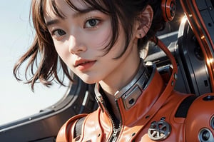 A highly detailed,  hyper-realistic portrait of a beautiful young woman with short dark hair and large expressive eyes. She is dressed in a sleek, futuristic orange exosuit with visible mechanical components and intricate details. The background shows a high-tech, futuristic interior with soft lighting that accentuates the metallic and glossy surfaces of her suit. The woman's expression is thoughtful and serene, and the close-up perspective emphasizes her facial features and the intricate design of her exosuit. The scene is lit by a warm light, creating a contrast between the cool metallic elements and the warmth of her expression.,female,masterpiece