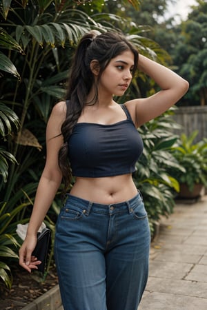 1girl, Kerala beautiful women 18 years old, solo, long hair, brown hair, shirt, t  shaped navel, outdoors, pants, sandals, denim, jeans,  photo background,18 year old,  twin tail ponytail:2, braided hairThis breathtaking photograph, shot on a Canon 1DX with a 50 mm f/2.8 lens, beautifully showcases the raw and authentic beauty of life. high resolution 8k image quality,Hourglass figure,30 year old women