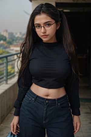 1girl, Kerala beautiful women 18 years old, solo, long hair, brown hair, shirt, t  shaped navel, outdoors, pants, sandals, denim, jeans,  photo background,18 year old, big eye glasses, twin tail ponytail:2, braided hairThis breathtaking photograph, shot on a Canon 1DX with a 50 mm f/2.8 lens, beautifully showcases the raw and authentic beauty of life. high resolution 8k image quality,