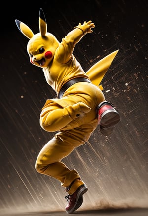 Action Shot of pikachu doing stand-up at a comedy club,