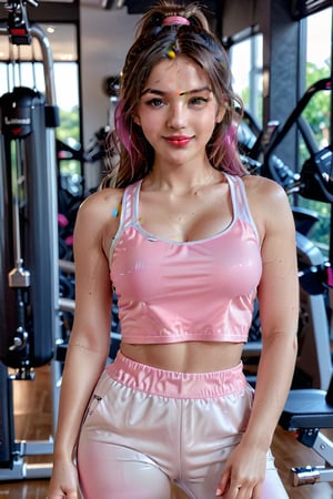 
(best quality, 4k, 8k, highres, masterpiece:1.2), ultra-detailed, (realistic, photorealistic, photo-realistic:1.37), 20 years old, woman, full body, detailed face and hand, beautiful detailed eyes, pink lips, cute smile, trendy instagram influencer, wearing a gyming clothes, workout in gym