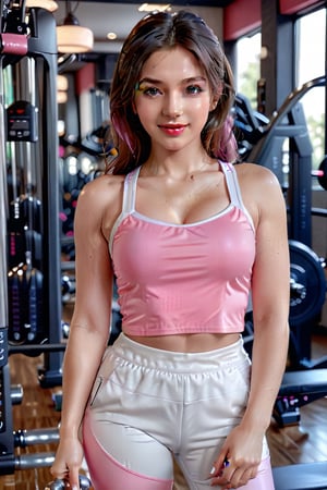 
(best quality, 4k, 8k, highres, masterpiece:1.2), ultra-detailed, (realistic, photorealistic, photo-realistic:1.37), 25 years old, woman, full body, detailed face and hand, beautiful detailed eyes, pink lips, cute smile, trendy instagram influencer, wearing a gyming clothes, workout in gym