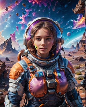 An interplanetary space scene filled with an unknown world with a beautiful young futuristic astronaut: "It generates a vibrant visual representation of a young space astronaut in an unknown world.
Super realistic photographic cinematic image 8K ULTRA HD HDR, magical photography, super detailed, (ultra detailed), (top quality, best quality, super high quality image, masterpiece), standard lens, dramatic lighting, 8k, UHD, intricate detail, (gradients), comprehensive cinematic, colorful, visual key, highly detailed, extreme detailed, hyper-realistic, (very detailed background, detailed landscape), delicate details, raw image, dslr, action poses,different random scenes