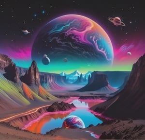 Uma paisagem surreal de outro mundo, com montanhas flutuantes, vulcão, rios de energia luminosa e um céu estrelado com planetas visíveis ao fundo, e um satélite passando com um astronauta em cores chamativas em neon