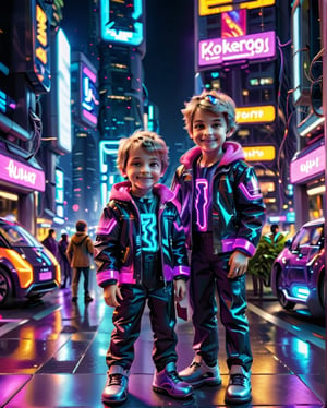 Create an image of two little siblings, a boy and a girl, in a futuristic cyber world.  They are wearing high-tech clothes with neon lights and modern accessories.  The setting around them is a futuristic city with glowing skyscrapers, flying cars and holograms projected everywhere.  There are friendly robots interacting with them and the atmosphere is vibrant, full of neon colors and light effects.  The brothers are smiling and exploring this new world with curiosity and enthusiasm.
