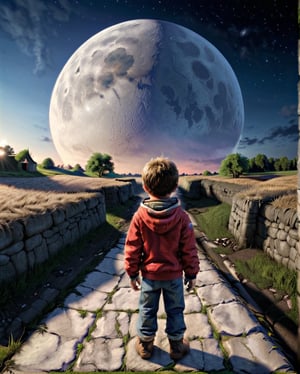 Alone, wide angle, boys brothers, moon, realistic, 3D, wallpaper