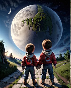 Alone, wide angle, boys brothers, moon, realistic, 3D, wallpaper