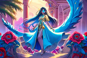 huge pink , red, blue, yellow ,green, white, purple roses. hedge maze. Asian anime female with bright red lips. golden arch with Phoenix on both sides of the arch. large sequoia trees with mushrooms growing on the trees. big white clouds in the sky with 4 suns. each sun different sizes. female is wearing a Egyptian style outfit . the outfit is blue. her shoes and jewelry are gold with turquoise.  her hair is extremely long and black hair. her eyes ice blue. there is a sandy dessert in the background.  smalls scorpions crawling in and out the sand. the sky is baby blue. 